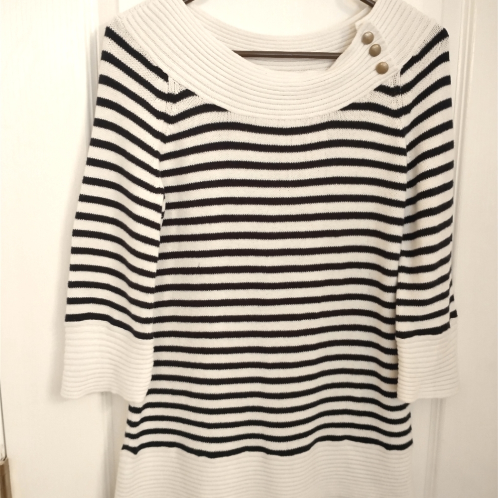 CAbi Knit The Get Away Sweater Striped M 3/4 Sleeve Boat Neck Buttons Nautical